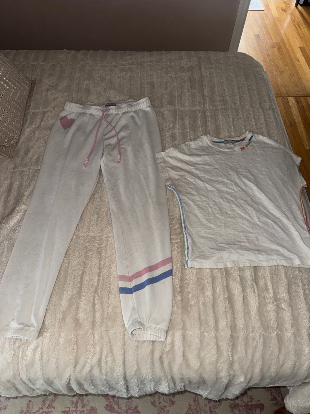 P.J. Salvage White Joggers with Pink & Blue Stripe and Heart Accent